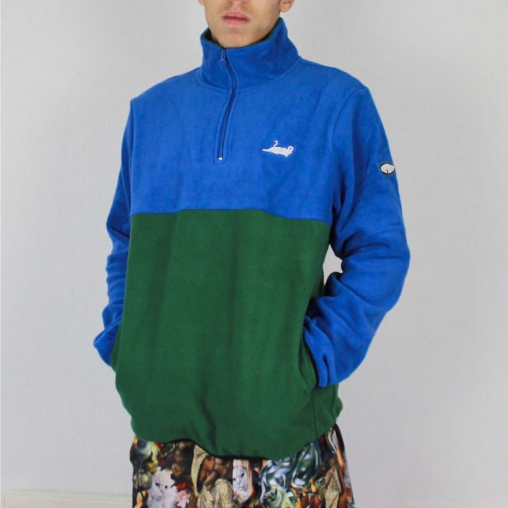 RIP N DIP Castanza Cat Fleece Half Zip Sweater Men’s size Small in Blue & Green